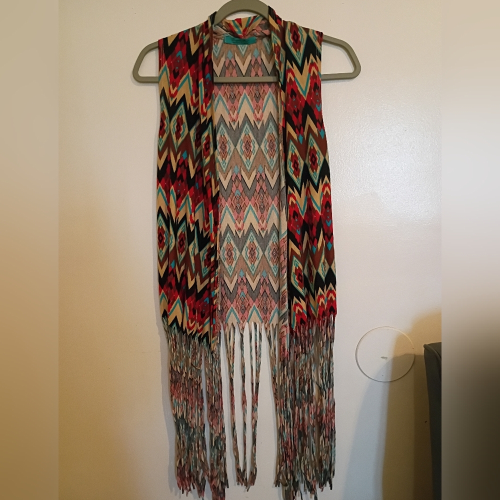 Turquoise Haven Women's Multicolor Fringe Sleeveless Cardigan Sz S